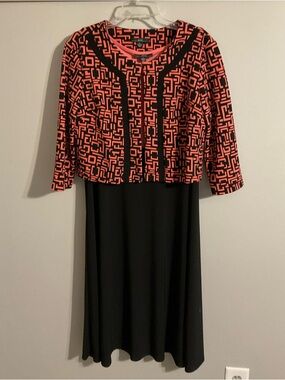 R&K Coral & Black Color-block Tank Dress with Textured Patterned Jacket Size 16